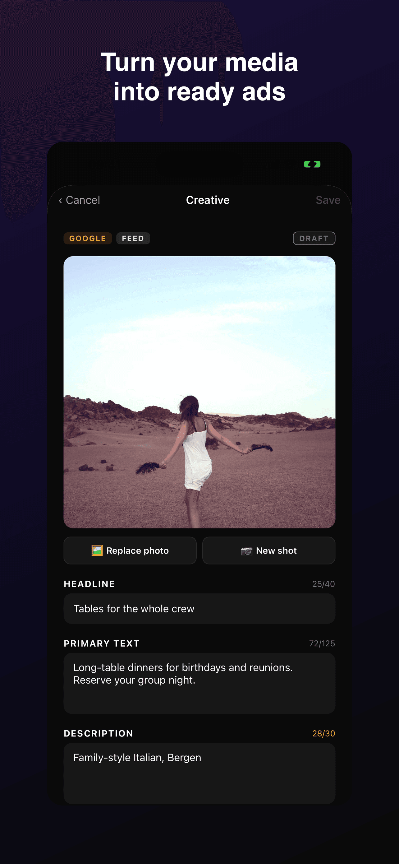 The MaaS mobile app editing an ad creative made from a captured photo, with headline and primary text fields.