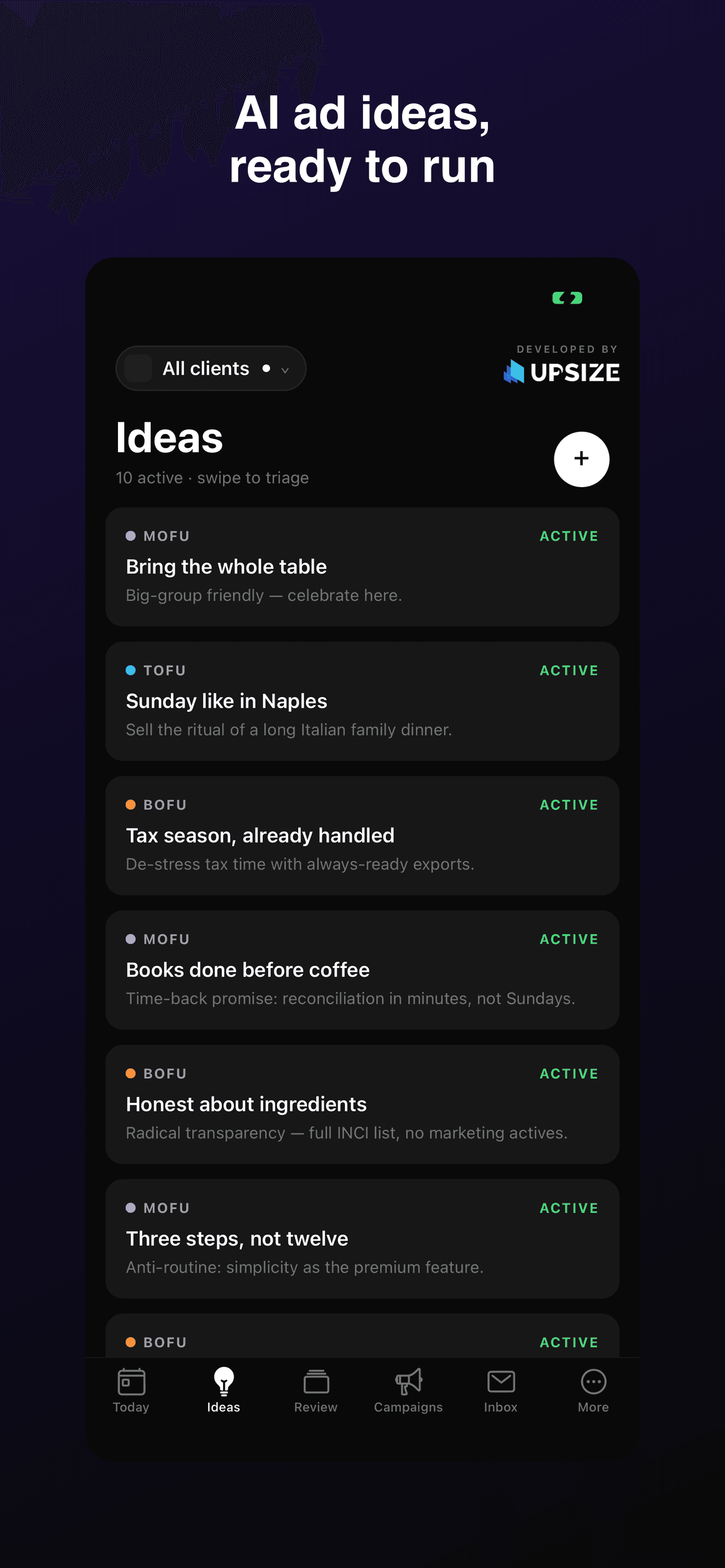 The MaaS mobile app listing AI-generated ad ideas tagged by funnel stage, ready to swipe and triage.