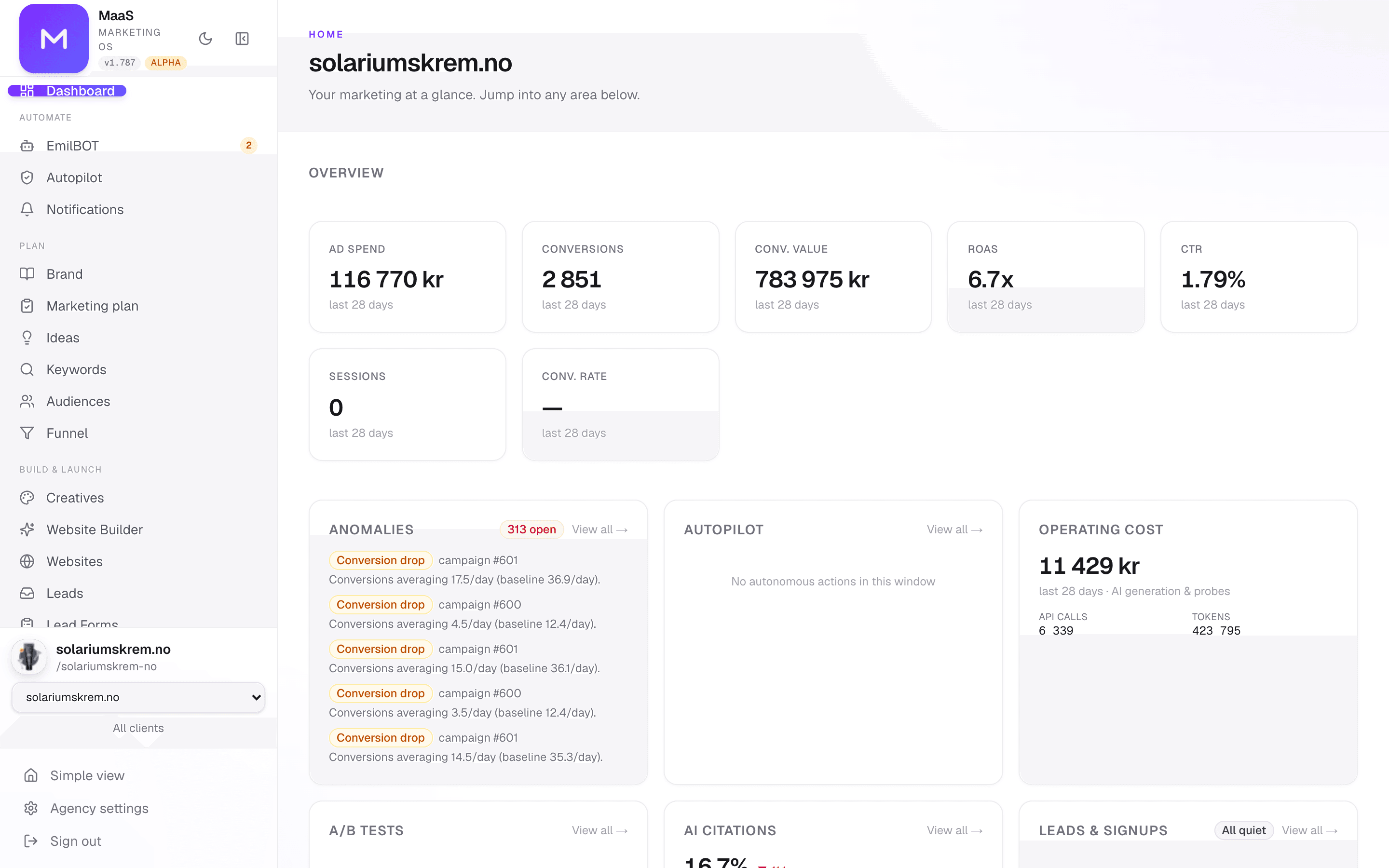 The MaaS web dashboard for a client, showing live campaigns and the operator chat that reads and acts on the numbers.