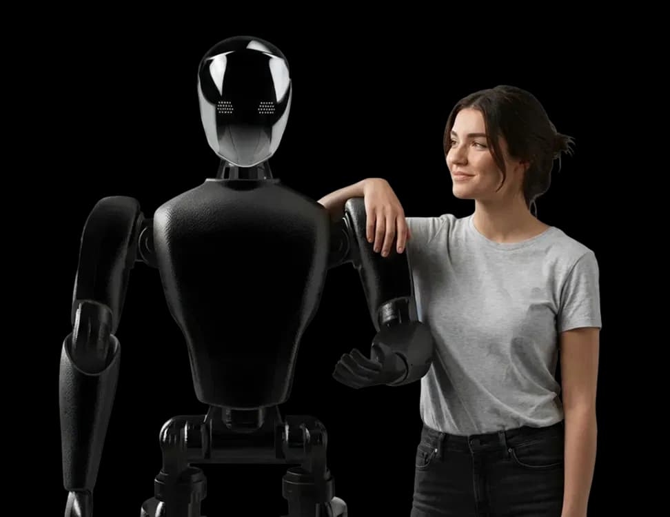 A humanoid robot standing beside a person, resting an arm on its shoulder.